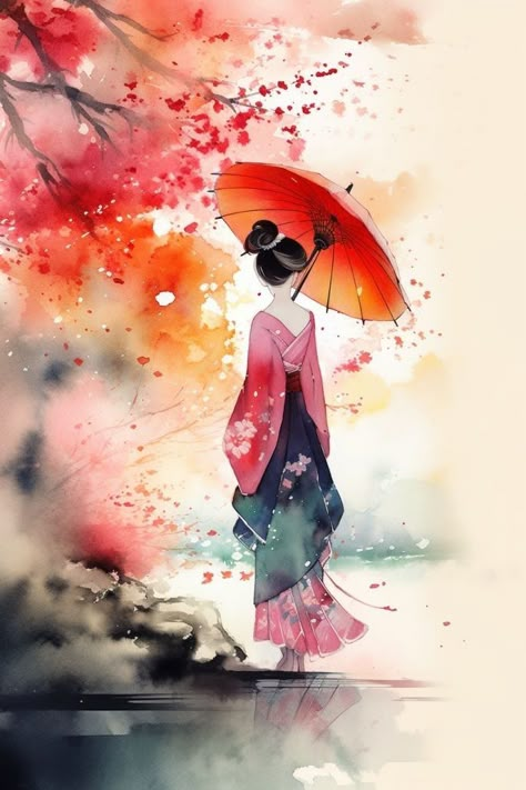 Asian Paintings Japan, Watercolour Japanese Art, Japanese Watercolour Painting, Watercolour Inspiration Landscape Easy, Japan Painting Easy, Watercolour Japan, Chinese Art Aesthetic, Japanese Abstract Art, Japanese Painting Easy