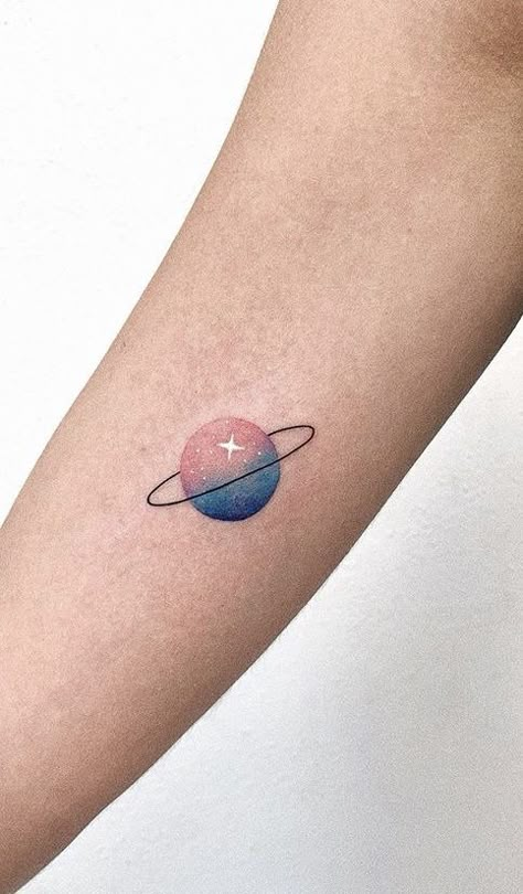 Saturn Tattoo Colorful, Colored Saturn Tattoo, Planet Tattoos Color, Saturn Hand Tattoo, Watercolor Saturn Tattoo, Uranus Saturn Tattoo, Saturn Tattoo Color, Uranus Aquarius, Moon And Saturn Tattoo