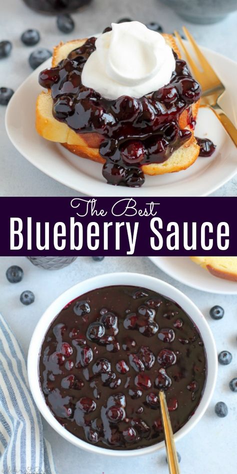 This easy Blueberry Sauce is made with sugar, orange juice and lots of fresh blueberries. Use it as a topping for cheesecake, pound cake, yogurt, waffles, pancakes, and more. #blueberries #blueberry #fruit #topping #sauce Blueberry Coulis Sauce, Blueberry Cake Topping, Blueberry Sauce For Waffles, Fruit Topping For Pound Cake, Blueberry Sauce For Cake, Blueberry Topping For Pancakes, Toppings For Pound Cake, Toppings For Cheesecake Ideas, Blueberry Sauce For Cheesecake