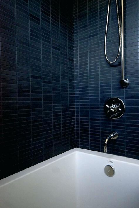 Ann Sacks Context Field Tile in Metallic Black, stacked, with super dark blue or black grout. For behind the toilet. Hex Tiles Bathroom, Stacked Tile, Dark Blue Tile, Dark Blue Bathrooms, Bathroom Grout, Black Tile Bathrooms, Blue Bathroom Tile, Black Grout, Bathtub Tile