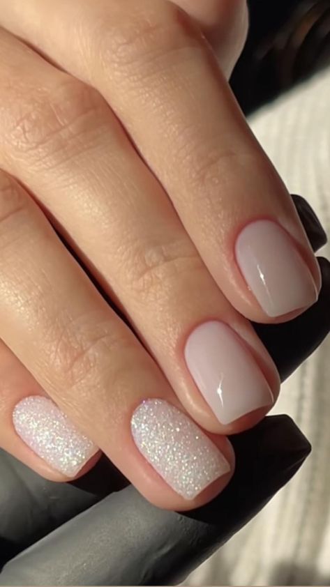 Simple Gel Nails Winter, Short Classy Wedding Nails, Bride Short Nails, Wedding Nails Short Brides, Milky Pearl Nails, Short Nails Ideas Classy, Nail Ideas For Engagement, Pearl Nails Short, Nail Ideas For January