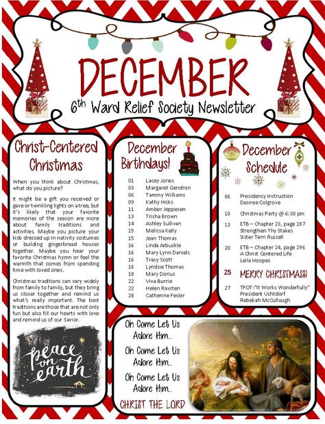 RELIEF SOCIETY NEWSLETTER DECEMBER 2016 THE CHURCH OF JESUS CHRIST OF LATTER DAY SAINTS December Newsletter Template Free, Christmas Newsletter Template Free, December Newsletter, Newsletter Template Free, Church Newsletter, Christmas Newsletter, Lds Relief Society, Song Words, Visiting Teaching