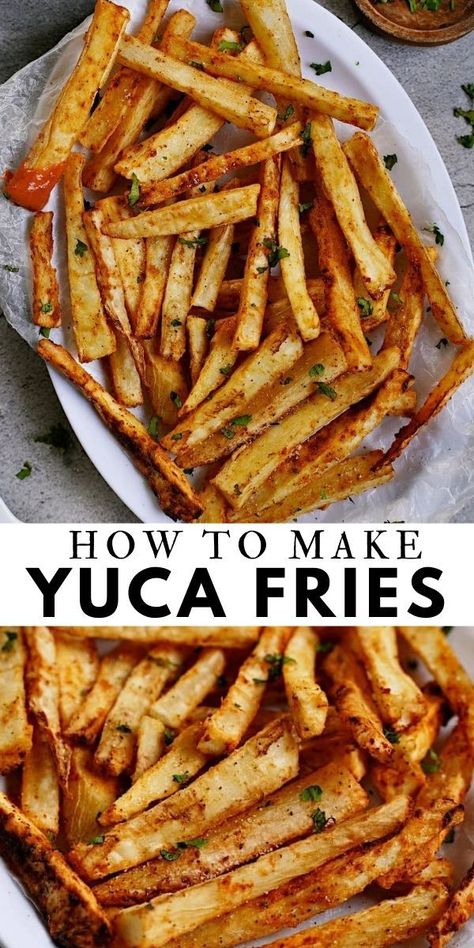 Next time you get the craving for fries, ditch the spuds and try yuca fries (aka cassava fries). They’re creamy in the middle, crisp on the outside, and can be baked, fried, or air fried! #yucafries #cassavafries #yuccafries #cassavafries #yucarecipe #elasrecipes | elavegan.com Yuka Fries Air Fryer, Fried Yucca Air Fryer, Yuca Root Recipes, Vegan Yuca Recipes, Yuka Root Recipe, Air Fryer Yuca Fries, Cassava Fries Recipe, Yucca Fries Air Fryer, Frozen Yuca Recipes