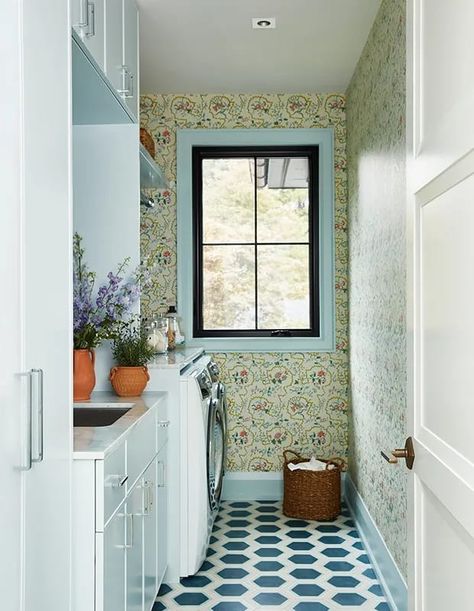 Blue Moroccan Tile, White Oak Kitchen, Laundry Room Wallpaper, Basement Laundry Room, Terrazzo Floors, Mudroom Laundry Room, Moroccan Floor, Laundry Room Cabinets, Cabinet Style