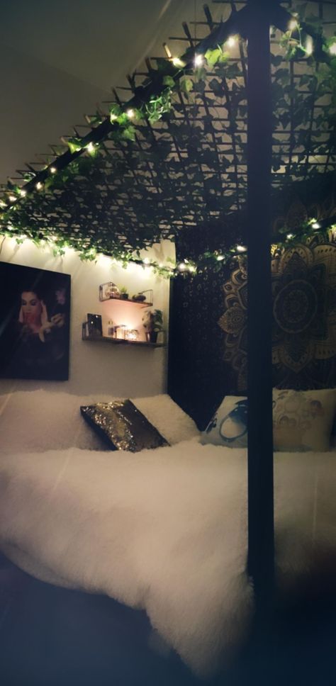 Created a whimsical atmosphere with a bamboo gate, artificial ivy vines, and led lights Led Wall Vine Lights, Ivy With Lights Bedroom, Chill Vibes Aesthetic Small Room, Vines And Fairy Lights Bedroom And Led Lights, Artificial Vines Bedroom, Ivy Lights Bedroom, Room With Vines And Led Lights, Cool Lights For Room, Vines With Led Lights