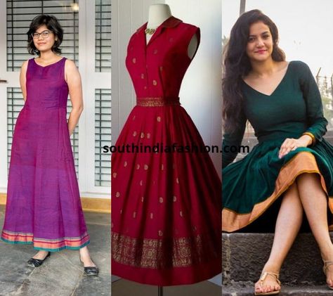 Saree Remake Dresses, Irkal Saree Dress, Irkal Dress Design Kurti, Formal Kurti, Saree Reuse, Ikkat Dresses, Party Wear Dress, Frock Fashion, Simple Kurta Designs