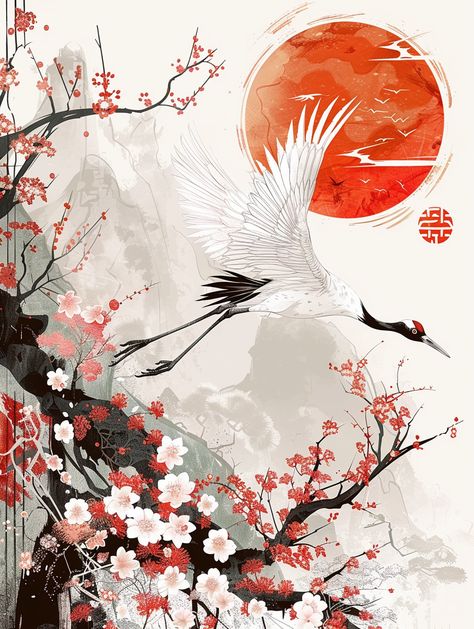 a white crane taking flight surrounded by cherry blossoms and the setting sun on a white background using Japanese-style patterns and motifs in the style of traditional Japanese art --ar 3:4 Japanese Background Aesthetic, Japanese Pattern Tattoo, Japanese Sun Art, Japanese Art Cherry Blossom, Japanese Crane Art, Okinawa Tattoo, Japanese Wallpaper Iphone, Japanese Art Styles, White Crane