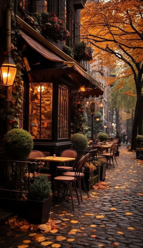 Cozy Cafe, Autumn Scenes, Autumn Scenery, Fall Pictures, Autumn Cozy, Autumn Aesthetic, Fall Wallpaper, Street Scenes, Fall Leaves