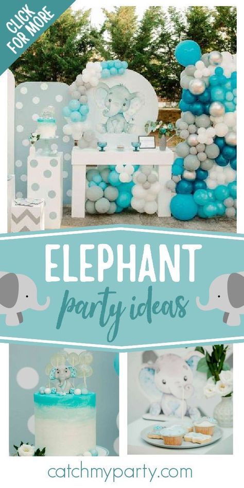 Take a look at this adorable elephant-themed baptism! Love the cake! See more party ideas and share yours at CatchMyParty.com Elephant Birthday Party Ideas, Elephant Theme Birthday Decorations, Elephant Birthday Theme, Elephant Party Ideas, Elephant Themed Food Ideas, Elephant Theme Birthday Party, 1st Birthday Party Elephant Theme, Elephant Theme Cake, Elephant Theme Treat Table