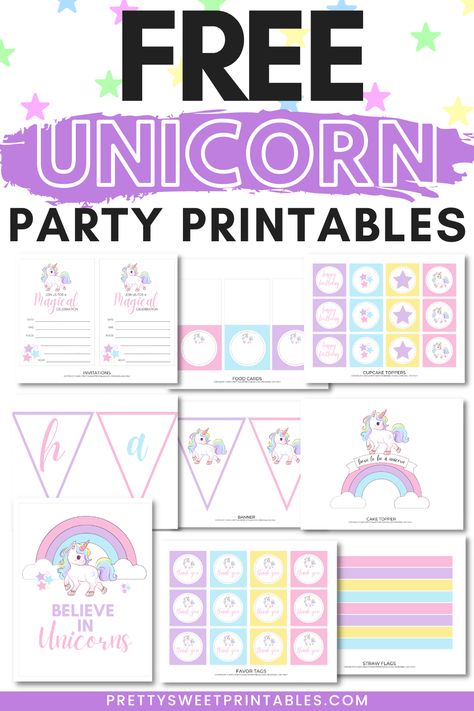 free unicorn party printables Unicorn Birthday Party Free Printables, Unicorn Party Printables Free, Free Printable Unicorn Party Decorations, Unicorn Signs For Birthday, Unicorn Cupcake Toppers Printable Free, Unicorn Printables Free, Unicorn Banner Birthday Free Printable, Sparkle And Shine Birthday Cake, Unicorn Birthday Banner