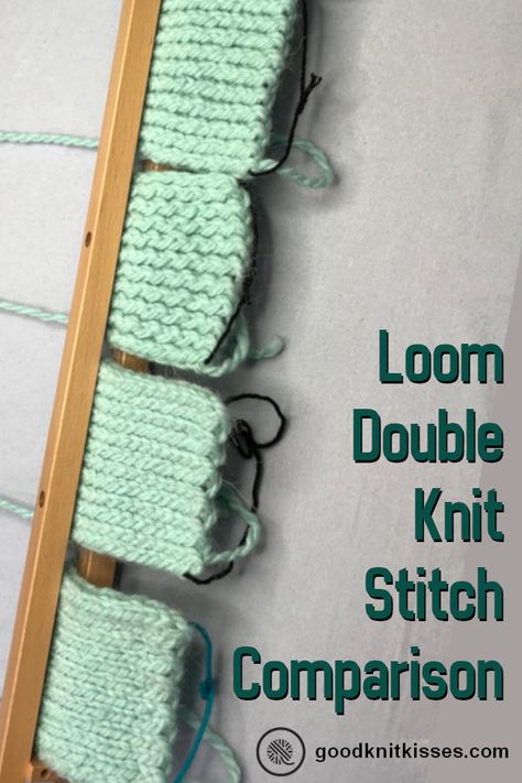 Compare six version of the stockinette stitch for double knit fabric on a loom. Learn when to slip, whether you should ewrap and see the results before you start. https://www.goodknitkisses.com/loom-double-knit-stockinette/ #goodknitkisses #loomknit #loomknitting #doubleknit #brioche #stockinette #loomstitches Loom Stitches, Loom Knitting Patterns Free, Loom Knitting Scarf, Loom Scarf, Loom Knitting Tutorial, Loom Knitting Stitches, Loom Knit Hat, Loom Crochet, Finger Crochet