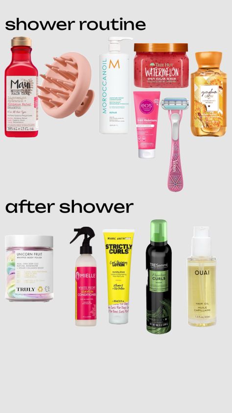 shower routine! #showerroutine #curlyhair Everything Shower Routine, Fruit Whip, Body Polish, Shower Routine, Moroccan Oil, Sugar Scrub, Matcha, Watermelon, Curly Hair Styles