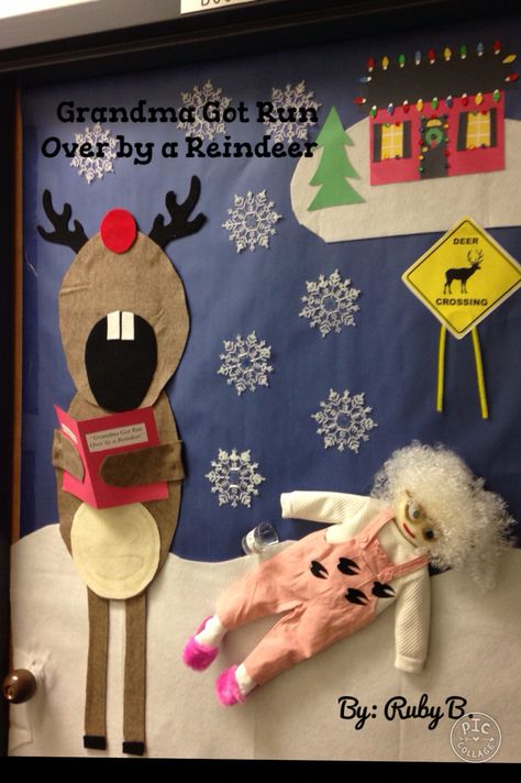 Grandma Got Run Over by a Reindeer Christmas Door: Decoration, door contest, Holiday, Christmas Song, door ideas, office door, Christmas carol. #tammytastes Christmas Song Door Decorations For School, Christmas Song Themed Door Decoration, Christmas Song Themed Door, Grandma Got Ran Over By A Reindeer Door Decoration, Christmas Songs Door Decorating Contest, Office Christmas Decorations Reindeer, Christmas Song Decorations, Grandma Got Ran Over By A Reindeer, Unique Classroom Door Ideas