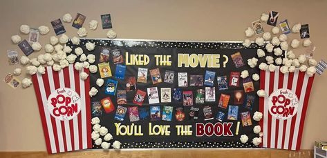 Library Bulletin Boards Elementary, Netflix Theme, Bulletin Boards Elementary, Graduation Board, English Day, School Library Displays, Fair Theme, Library Bulletin Board, Movie Popcorn