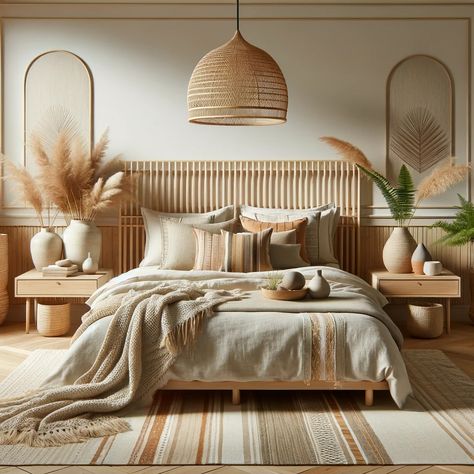 Boho Bedroom Decor: 31 Dreamy Ideas to Elevate Your Cozy Retreat with Bohemian Charm 7 Bedroom Interior Boho, Bungalows Interiors, Boho King Bedroom Ideas, Bedroom Ideas Rattan, Tulum Inspired Bedroom, Desert Theme Bedroom, Luxury Boho Bedroom, Bright Bedroom Ideas, Layered Bedding Ideas