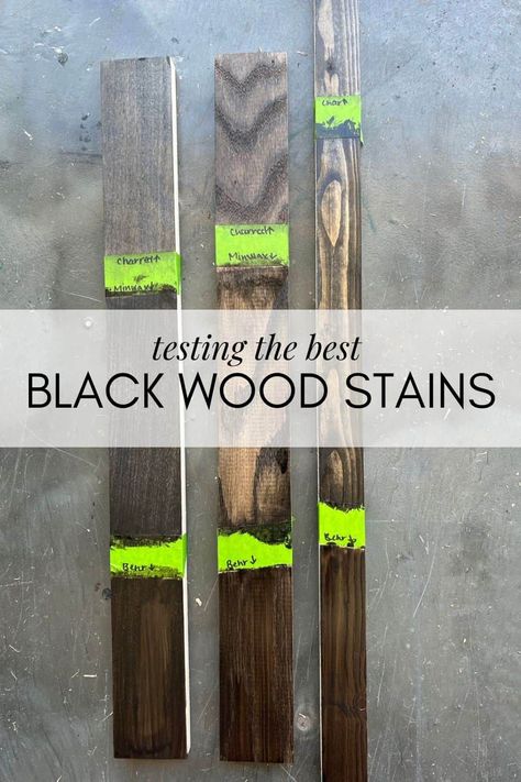 three pieces of wood with various black wood stains on them Black Wood Stain Door, Black Wood Stain Outdoor, Outdoor Stain Colors For Wood, Black Deck Stain, Ebony Wood Stain, Dark Deck, Black Stained Wood, Deck Stain Colors, Tub Deck