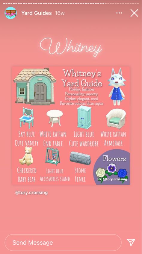 Acnh Blanche Yard, Acnh Flurry Yard Guide, Acnh Whitney Yard, Acnh Yard Design, Acnh Whitney, Whitney Animal Crossing, Acnh Yard, Acnh Villagers, Animal Crossing Guide