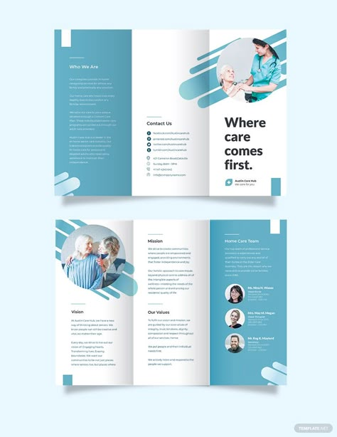 Creative Home Care Tri-Fold Brochure Template Layout Editoriale, Leaflet Layout, Brochure Templates Free Download, Medical Brochure, Brochure Design Creative, Brochure Design Layout, Brochure Inspiration, Trifold Brochure Design, Free Brochure Template