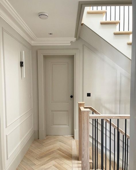 Jane and Jack on Instagram: “We love our doors and stairs, that’s all 🤩 @swdbespoke @smet_staircases #housetohome #familyhome #interior #hallway #stairs #staircase…” Victorian Entrance Hall, Monochrome Hallway, Staircase Paneling, Interior Hallway, Stair Paneling, Stairs And Doors, Painted Staircases, Hallway Stairs, Hallway Wall Lights