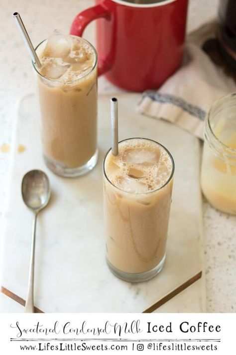 Sweetened Condensed Milk Iced Coffee is a sweet, ice-y cold, 2-ingredient coffee drink recipe that is great for camping, making for a crowd for entertaining or for individuals alike. #coffee #icedcoffee #sweetenedcondensedmilk #drinks #dairy #colddrinks Iced Coffee Recipe With Condensed Milk, Condensed Milk Iced Coffee, Condensed Milk Coffee, Coffee Recipes Hot, Sweetened Condensed Milk Recipes, Coffee Summer, Sweet Condensed Milk, Cold Brew Iced Coffee, Cold Coffee Recipes