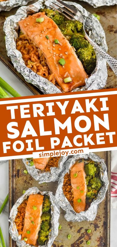 A super easy, low-maintenance camping food idea in 30 minutes! This teriyaki salmon recipe cooks just perfectly in foil packets with broccoli. Check out some substitutions and variations for this… Foil Packet Meals Salmon, Salmon Hobo Dinner Foil Packets, Easy Summer Salmon Recipes, Camping Salmon Foil Packets, Salmon Cooked In Foil, Salmon Packets On The Grill, Seafood Foil Packets Grill, Foil Packets For The Grill Salmon, Salmon Foil Packets Air Fryer