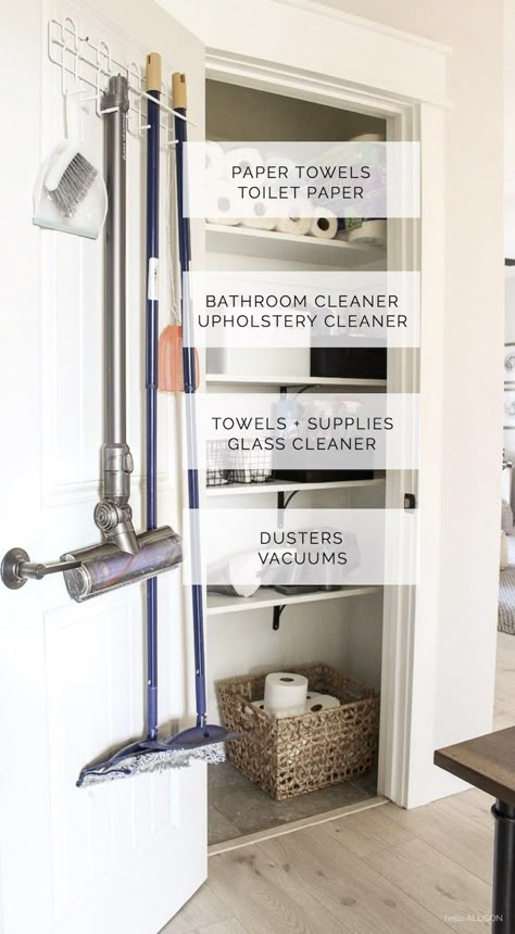 DIY Cleaning Closet Organization | helloallisonblog.com Closet Organization Ideas For Cleaning Supplies, Linen And Cleaning Closet Organization, Mop Closet Organization, Diy Cleaning Storage, Tiny Hall Closet Organization, Cleaning Coat Closet, Linen And Cleaning Closet, Guest Closet Storage Ideas, Broom Vacuum Storage