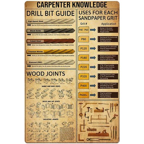 JIUFOTK Carpenter Knowledge Metal Tin Sign Drill Bit Guide Anatomy Poster Carpenter Work Club Home Bedroom Office Wall Decoration Plaque 12x16 Inches Grilling Guide, Anatomy Poster, Home Bedroom Office, Woodwork Projects, Woodworking Cabinets, Small Nails, Carpenter Work, Woodworking Books, Tin Metal