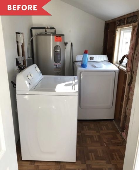 Back Porch Laundry Room, Hide Water Heater, Water Heater Closet, Washer Dryer Laundry Room, Basement Diy, Furnace Room, Garage Laundry Rooms, Laundry Makeover, Stacked Laundry Room