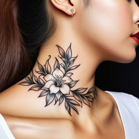 "Graceful Curves: Ornamental Sampaguita Tattoo" Discover how intricate dot work and swirls can transform your floral neck tattoo into a sophisticated masterpiece. #TattooArt #DotWork #SampaguitaTattoo #tattoos #tattooart #tattooing #tattooideas #tattoodesign #tattooartist #tattooart #tattooinspiration #necktattoo #necktattoos #Sampaguita #jasmine Neck Tattoo Woman, Neck Flower Tattoo, Behind Neck Tattoo Woman, Floral Neck Tattoo, Sampaguita Tattoo, Behind Neck Tattoo, Throat Tattoo, Neck Flower, Neck Tattoos Women