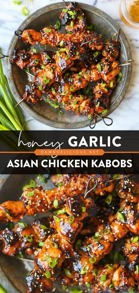 HONEY GARLIC ASIAN CHICKEN KABOBS, summer dinner recipes, grilling recipes Asian Chicken Kabobs, Honey Garlic Marinade, Garlic Marinade, Chicken Kabobs, Summer Grilling Recipes, Summer Recipes Dinner, Asian Chicken, Summer Eating, Health Dinner Recipes