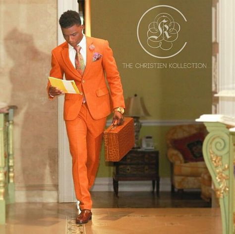 Orange Suit is killer!! Orange Suit Aesthetic, Elegant Fitted Orange Suit, Luxury Orange Suits With Notch Lapel, Luxury Fitted Orange Suit, Orange Tailored Suit With Notch Lapel, Mens Business Shoes, Orange Suit, Gala Themes, Gentleman's Wardrobe