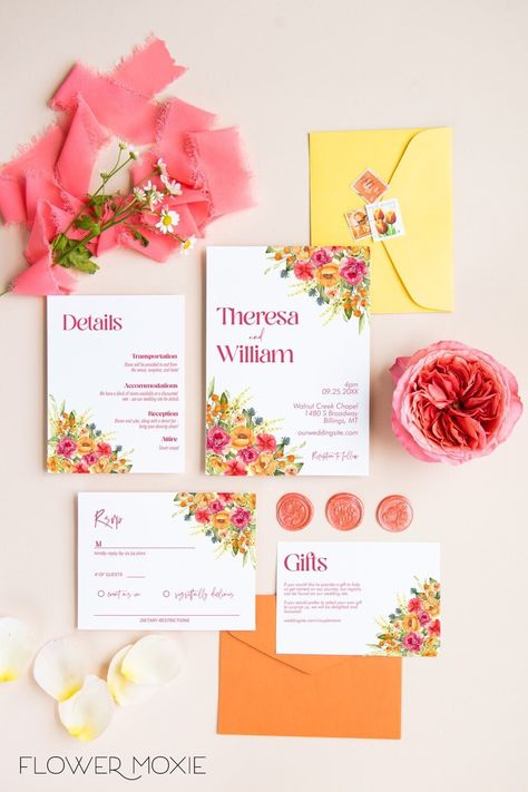 Sunset Wedding Theme, Orange And Pink Wedding, Flower Moxie, Orange Wedding Invitations, Bright Wedding Colors, Diy Your Wedding, Colorful Wedding Invitations, Colorful Invitations, Summer Wedding Invitations