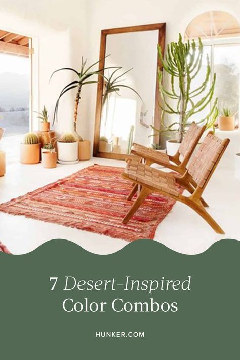 Soothing hues, organic textures, and the occasional pop of green are just a few of the inspired elements that make up a desert landscape. These days desert style can mean so much more than the typical sandy scene with billowing canvas tents. #hunkerhome #desertinspired #desertinspo #desert #desertliving Desert Home Living Room, Southwestern Desert Style, Desert Aesthetic Interior Design, Modern Desert Design, Joshua Tree Living Room, Desert Living Room Ideas, Desert Modern Decor Living Room, Desert Modern House Interior, Desert Porch Ideas