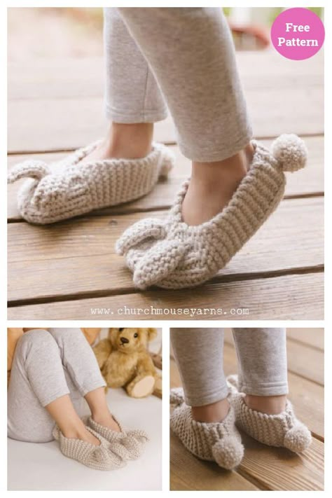 Family Bunny Slippers Free Knitting Pattern Crochet Projects Slippers, Free Knitting Pattern Slippers, Cloud Slippers Free Pattern, Crochet Bunny Slippers, Crochet Kids Slippers, Slippers Crochet Pattern, Knit Slippers Free Pattern, Intermediate Knitting Patterns, Knit Slippers