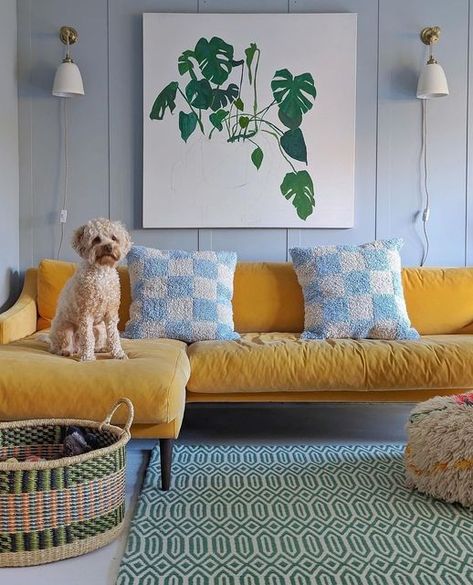 Little Greene on Instagram: "Synonymous with coastal landscapes, blue reflects the beauty of our natural environment. Bone China Blue - Mid is used here with bright yellow accents to evoke a summer's day at the beach ☀️ ⁠ ⁠ Credit - @emuplops ⁠" Blue Green Yellow Interior, Blue And Yellow Apartment Decor, Blue And Yellow Office, Blue Yellow Interior, Blue And Yellow Room, Light Blue And Yellow Bedroom, Yellow And Blue Living Room, Blue And Yellow Interior, Yellow And Blue Decor