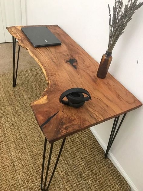 Hey all! This was a custom order laptop desk that we made using a gorgeous slab of pecan wood. If you are looking to build a desk that is simple and requires minimal tools, this one is definitely for you. And the finished product is beautiful. We first finished it up using Odies oil, it's the best solution for natural wood. It gives it a natural finish, and works to prevent any staining on the wood. These were the three pieces that we used. We then glued the boards together to give it… Simple First Home Decor, Live Edge Waterfall Desk, Desk Ideas Wood, Desk Wood Design, Wood Desk Diy, Desk Furniture Design, Wood Desk Ideas, Simple Wood Desk, Home Made Furniture