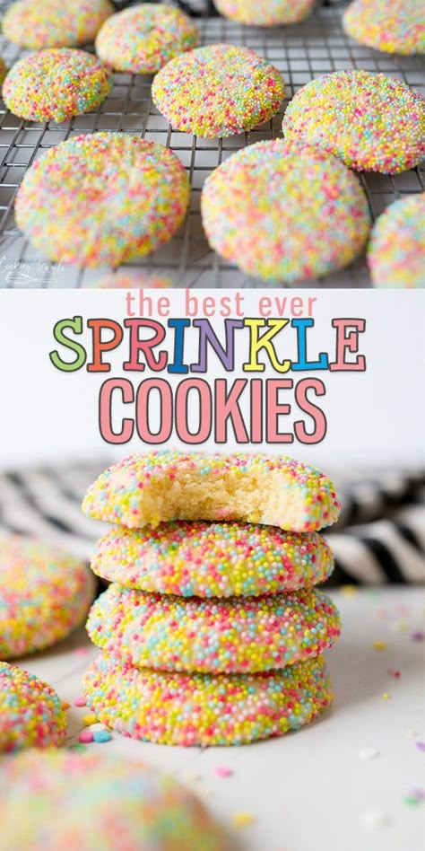 Sprinkle Cookies are a fun, happy sugar cookie that will be everyone's favorite! The sugar cookie dough comes together quickly, no refrigeration required! The cookie dough is rolled in sprinkles which make these cookies outrageous in the best way possible! |Cooking with Karli| #sprinkles #cookie #sugarcookie #festive #party #dessert #recipe #birthday Cooking With Karli Sprinkle Cookies, Best Sprinkle Cookies, Easter Sprinkle Cookies, Sugar Cookies Rolled In Sprinkles, Dessert With Sprinkles, Sprinkle Sugar Cookie Recipe, Spring Cookies Recipes, Spring Baking Ideas, Sunset Cookies