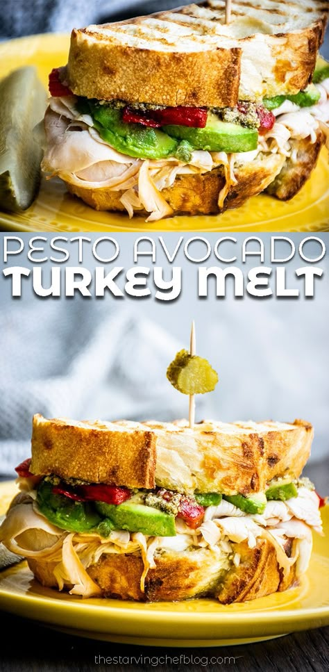 Turkey Avocado Sandwich, Turkey Melt, Turkey Avocado, Panini Recipes, Melt Recipe, Avocado Sandwich, Avocado Pesto, Hot Sandwich, Turkey Sandwiches