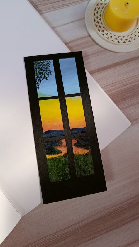 Acrylic Painting Bookmarks, Sunset View Aesthetic, Sunset Bookmark, Sunset Art Painting, Bookmark Crochet Tutorial, Bookmark Painting, Inspirational Bookmarks, Bookmark Acrylic, Bookmark Easy