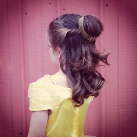 Princess Belle hair Belle Costume Toddler Hair, Belle Costume Hair, Princess Belle Hairstyle For Kids, Belle Hairstyle For Kids, Megacon Outfits, Evermore Hair, Belle Hair Tutorial, Belle Costume Kids, Belle Inspired Hair