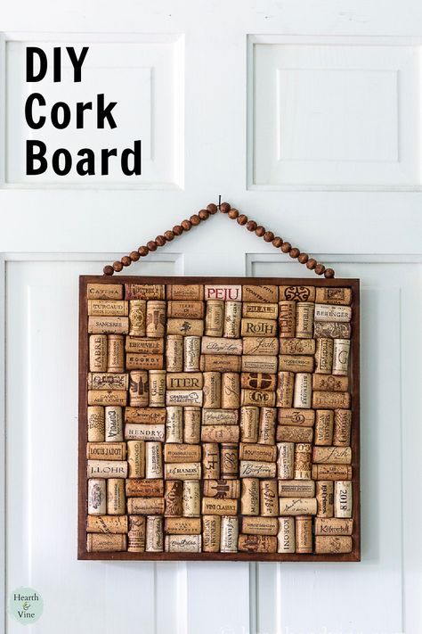 Save all those wine corks or buy some to make this easy and fun cork board. Not only does it look great but it you can pin all your important notes to it. Wine Cork Board Diy, Wine Cork Pin Board, Homemade Cork Board, Cork Board From Wine Corks, Wine Cork Bulletin Board, Wine Cork Bulletin Board Diy, Vine Cork Ideas, Wine Cork Corkboard, Cork Display Ideas