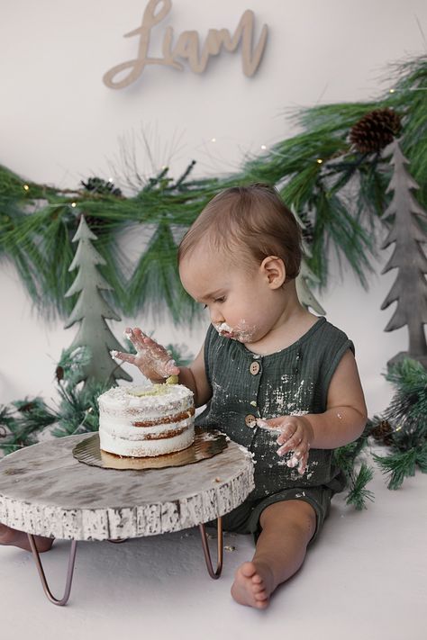 First Birthday Christmas Photoshoot, December 1st Birthday Photoshoot, New Years First Birthday Boy, Winter 1st Birthday Photo Shoot, Christmas Smash Cake Photoshoot, First Birthday Pictures Winter, One Year Winter Photos, Cake Smash Theme Boy, One Happy Camper Cake Smash