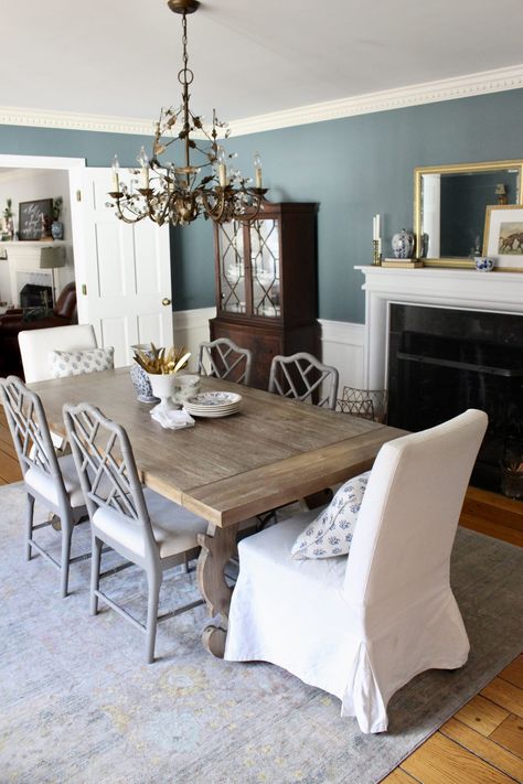 Elegant Blue Dining Room Reveal | My Life From Home Blue Living Dining Room Combo, Craftsman Home Paint Colors, Family Friendly Dining Room, Small Dining Room Paint Colors, Blue Farmhouse Dining Room, French Blue Dining Room, Blue Dining Rooms, Blue Dinning Rooms, Slate Blue Dining Room