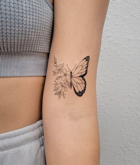 Women Back Tattoos, Hot Tattoos Ideas Female, Butterfly Half Flower Tattoo, Half Butterfly Half Flower Tattoo, Half Flower Tattoo, Bicep Tattoo Women, Half Butterfly, Butterfly With Flowers Tattoo, Small Tattoos For Women