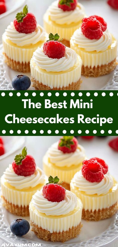 Craving a delightful treat? This Mini Cheesecakes Recipe is a crowd-pleaser that combines creamy flavor with a buttery crust. Perfect for family gatherings, these easy dessert recipes will satisfy every sweet tooth. 4 Inch Cheesecake Recipes, Mini Cheesecake Recipes Easy, Tiny Cheesecakes, No Bake Mini Cheesecake Recipes, Mini Baked Cheesecakes, Small Cheesecake Recipe, Mini Cheesecake Tarts, Easy Desserts With Few Ingredients, Individual Cheesecake