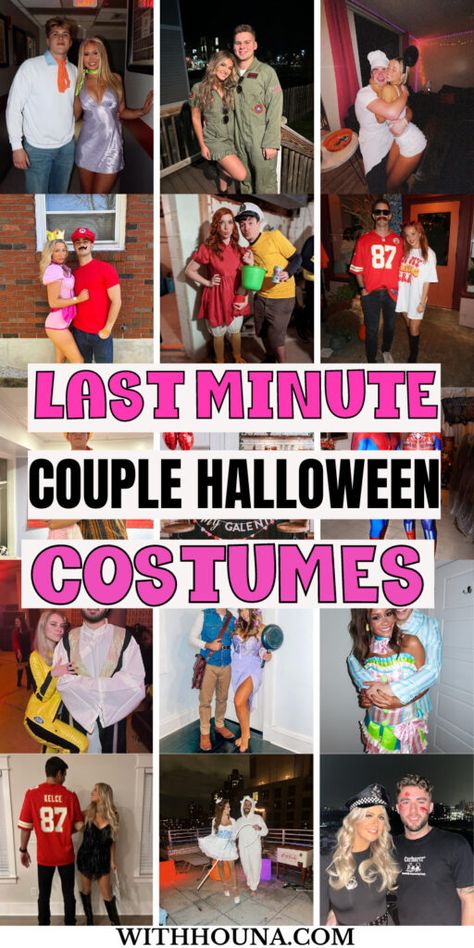 40 Last-Minute Halloween Costumes for Couples You Can Recreate in No Time - With Houna Easy Couples Costume Ideas Diy, Cheap Couples Costumes Diy, Homemade Costume Ideas For Couples, Couples Costume Easy Last Minute, Easiest Couple Costumes, Last Minute Halloween Costumes Couples Diy, Couple Halloween Costumes Homemade, Easy Costume Ideas Couples, Cute Couple Halloween Costumes Diy