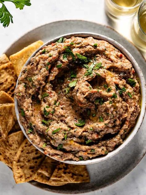 Ina Garten’s Roasted Eggplant Spread Eggplant Spread, Muhammara Recipe, Roasted Eggplant Recipes, Bread Crackers, Roasted Eggplant Dip, Almond Butter Cookies, Easy To Make Appetizers, Roasted Eggplant, Egg Free Recipes