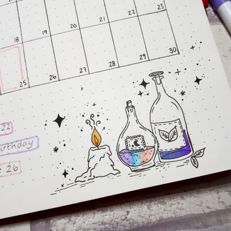 Magic Bujo Theme, Bujo Magic Theme, Witch Bujo Theme, Potion Bottle Doodle, Fire Affirmations, Potion Doodle, Doodles For Bullet Journal, Witchy Bujo, Candle Doodle