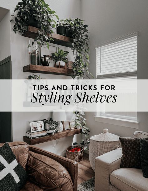 Tips and tricks for styling shelves in your home, along with some of my favorite shelf decor Shelf Ornaments Living Rooms, Floating Shelf Arrangement Ideas, Small Wall Shelf Decor, Long Shelf Decor Living Room, Decorating Shelves In Living Room, Decorating Floating Shelves, Shelf Over Window, Hanging Shelf Decor, Boho Shelf Decor