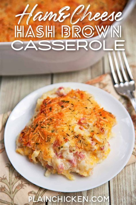 Ham and Cheese Hash Brown Casserole - only 6 ingredients!! Hash browns, ham, parmesan cheese, cheddar cheese, cream of potato soup, and sour cream. YUM! He took one bite and couldn't stop raving out this casserole!! Can make ahead of time and refrigerate or freeze for later. A new favorite in our house! Cheese Hash Brown Casserole, Cheese Hashbrown Casserole, Ham And Cheese Casserole, Cream Of Potato Soup, Cheese Cheddar, Ham Casserole, Hashbrown Recipes, Plain Chicken, Hash Brown Casserole